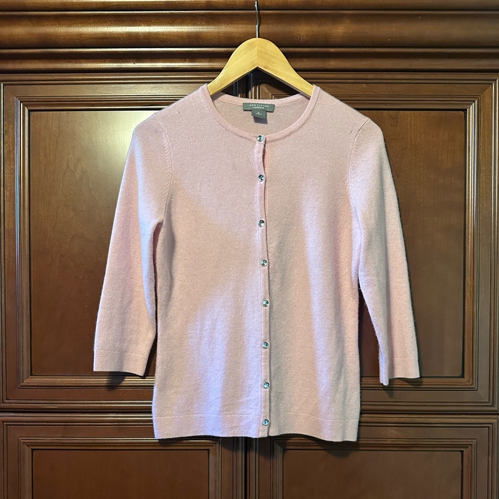 Ann Taylor 100% Cashmere Cardigan in Soft Pink with Rhinestone Buttons